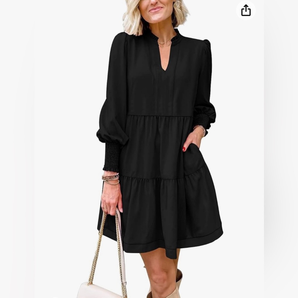 Womens Fall Long Sleeve Tunic Dress Casual V Neck Loose Ruffle Tiered Dress